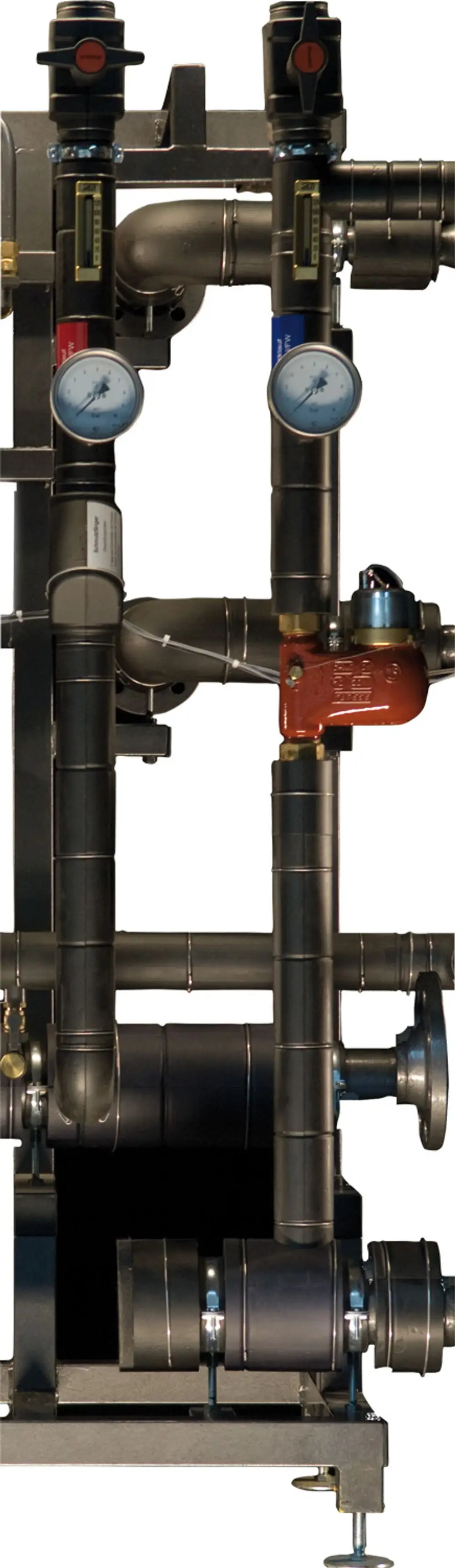 Verteiler mit Rohren und Druckmessgeräten, passend für Heizungsanwendungen, gefertigt von Bosch. Enthält Ventile zur Regelung und Drucküberwachung der Versorgung.